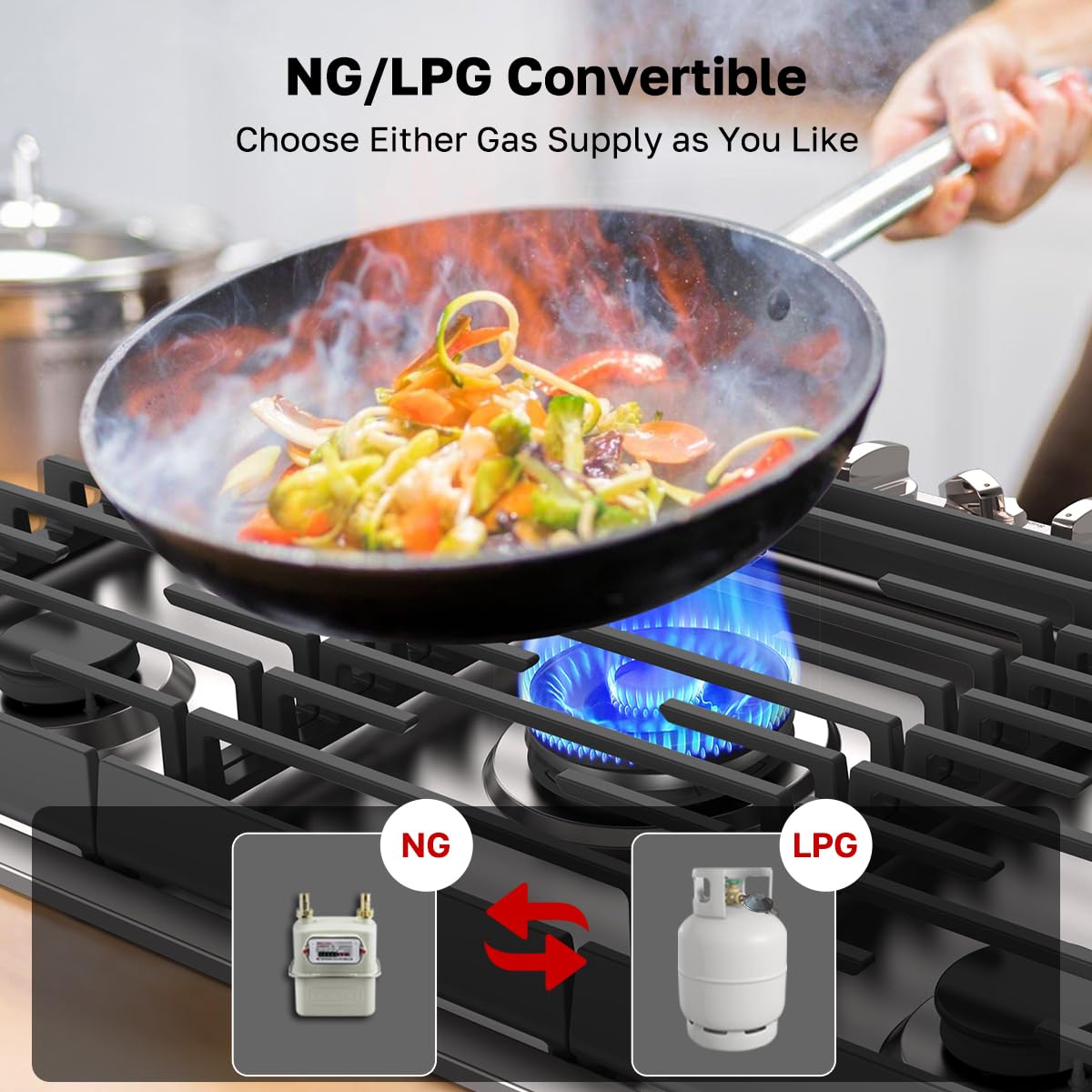 ThermoMate Heavy 30 Inch Gas Cooktop with 5 Italy Sabaf Power Burners, Built In Stove Top of 304 Stainless Steel, Gas Hob NG/LPG Convertible, Thermocouple Protection CSA Certified