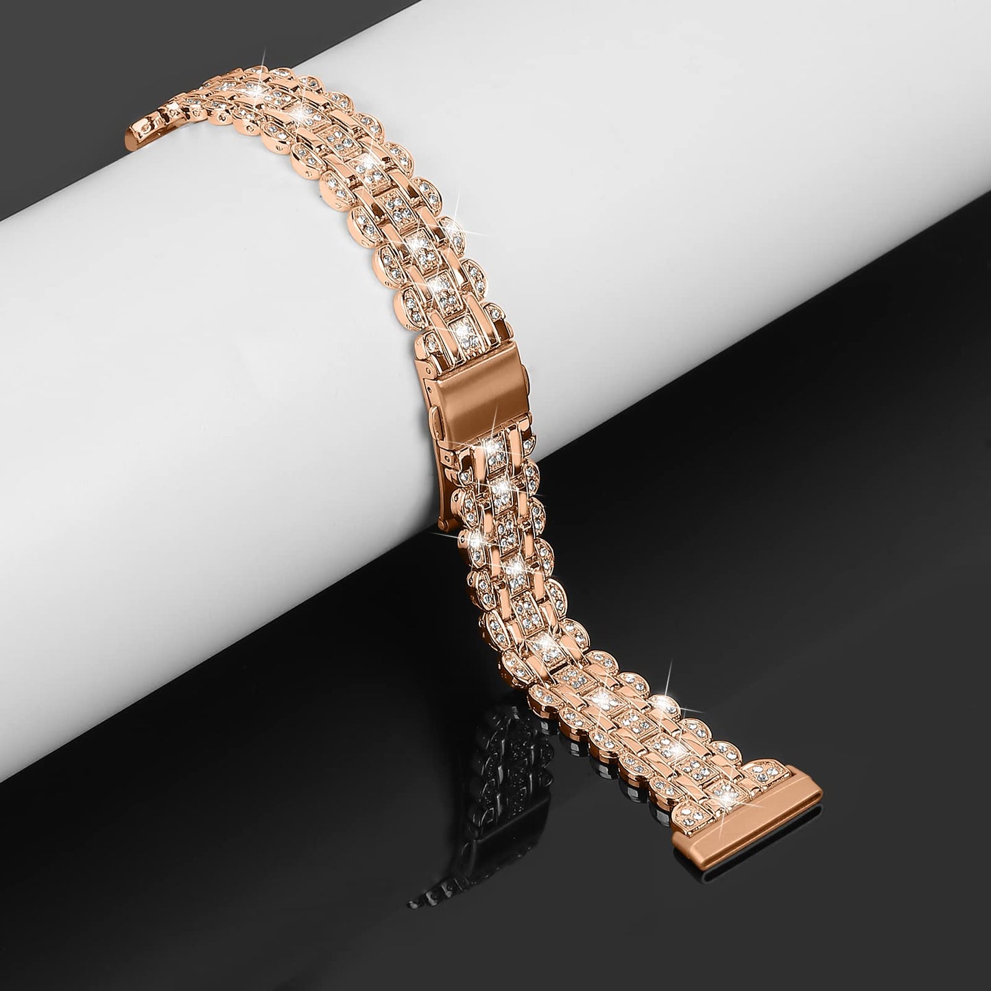 Replacement Watch Bands Compatible with Fitbit Versa 4/Sense 2 for Women,Stainless Steel Dressy Jewelry Bracelet Slim Bling Crystal Classy Metal Strap (RoseGold)