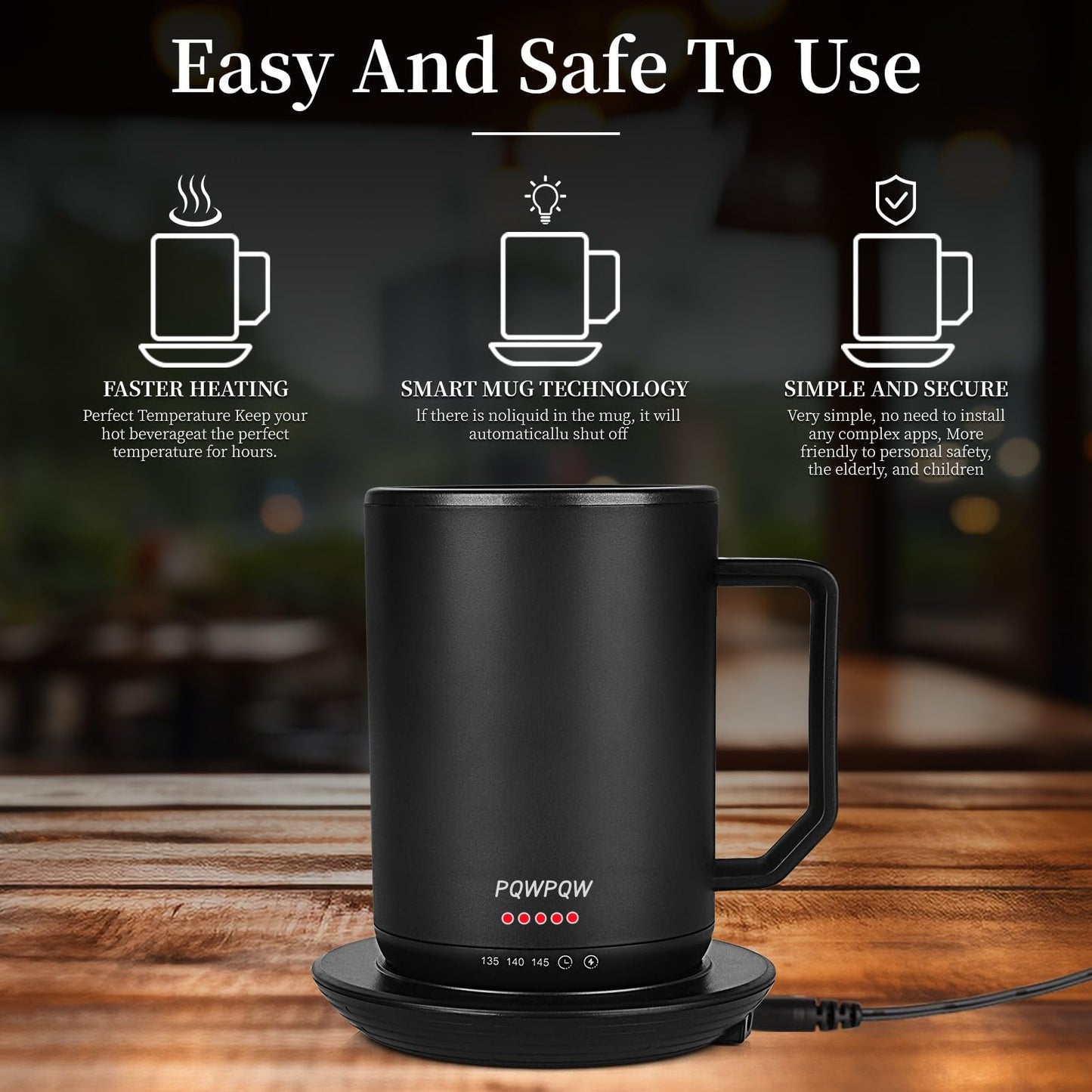 Smart Temperature Control Coffee Cug Heated Coffee Mug rechargeableAuto Sleep/3-Level Temperature Setting Self-Heating Coffee Mug (Black - 12 oz.)