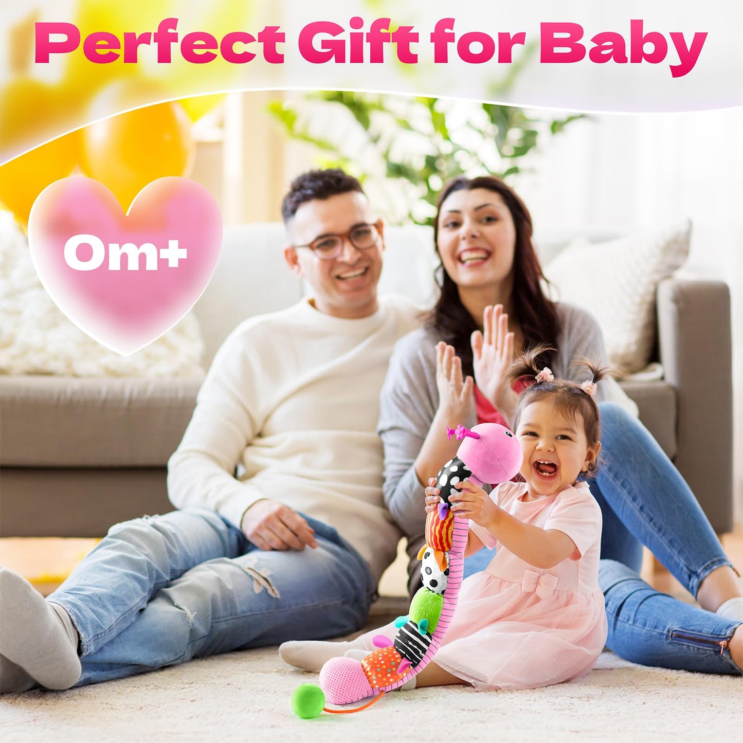 HEMRLY Baby Sensory Toy 0-6 Months, Musical Stuffed Caterpillar Plush with Teether, Crinkle, Rattle, Baby Mirror for Tummy Time, Infant Car Seat Toy for 0-3-6-12 Month Boys Girls Gifts - Winged Pink