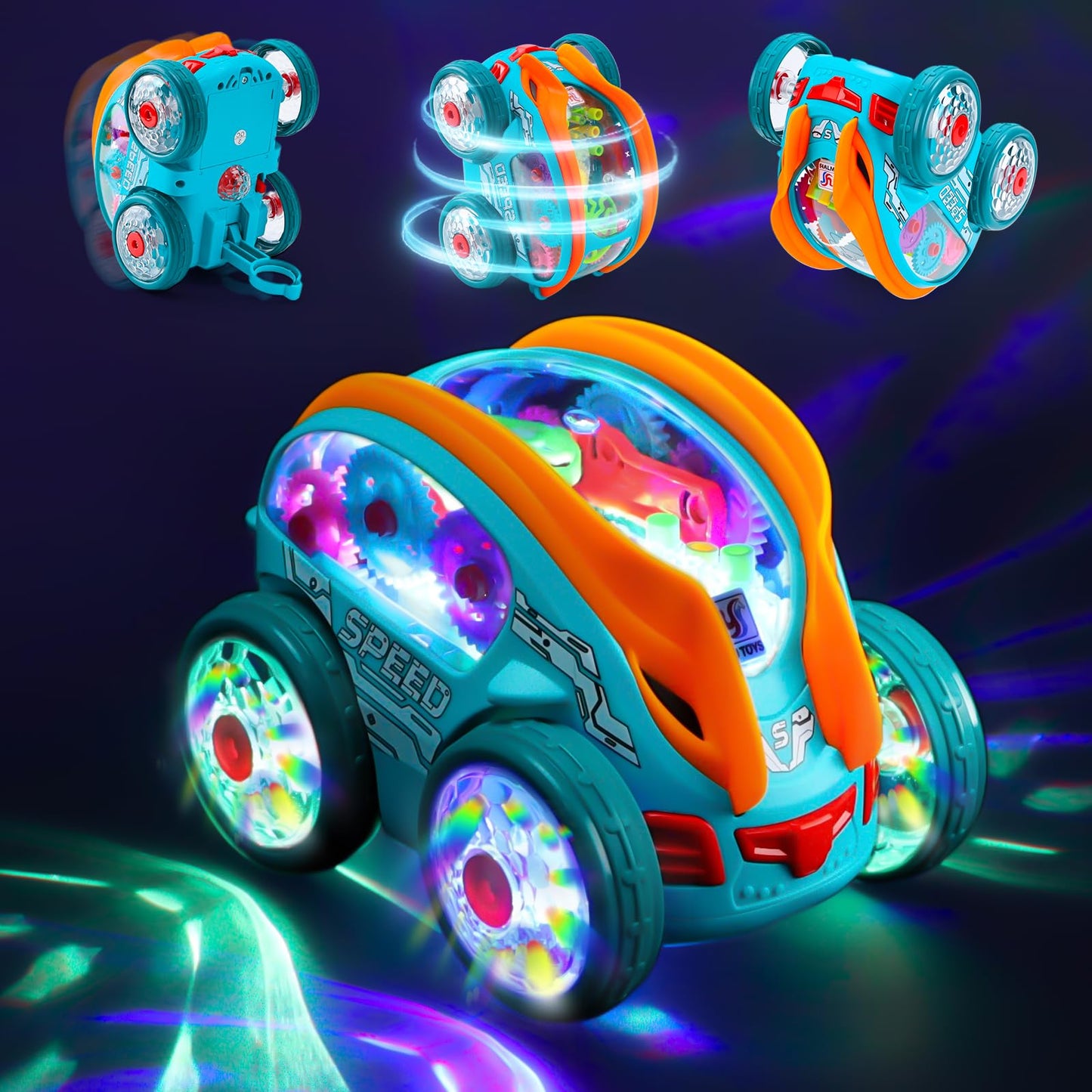 Light Up Transparent Sensory Car Toy - 360° Standing Rotation Roll Stunt Car, Bump and Go Toy Cars with Colorful Moving Gears & Music, Educational Toys for Toddlers, Best Gifts for Kids 1 2 3 4 Years