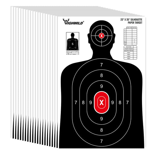 Highwild Shooting Range Silhouette Paper Target - 23X35 Inches - Suitable for Handguns, Rifles, Airguns, BB Guns (20 Pack, White & Black)