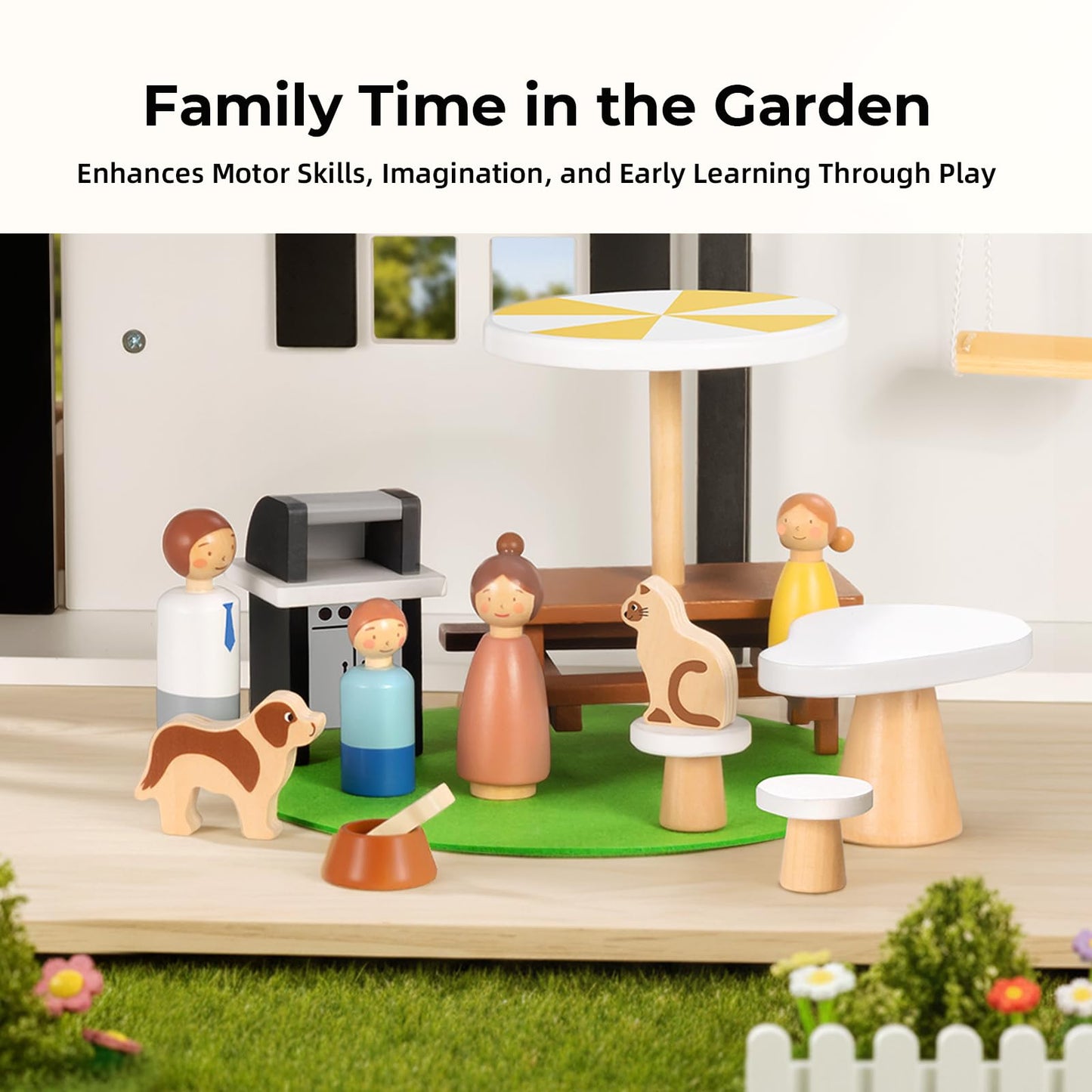 OOOK Wooden Dollhouse, Modern Doll House with 66Pcs Luxurious Furniture Accessories, Including Dolls and Pet Sets, Wood Dollhouse Toy for Boys and Girls 3+