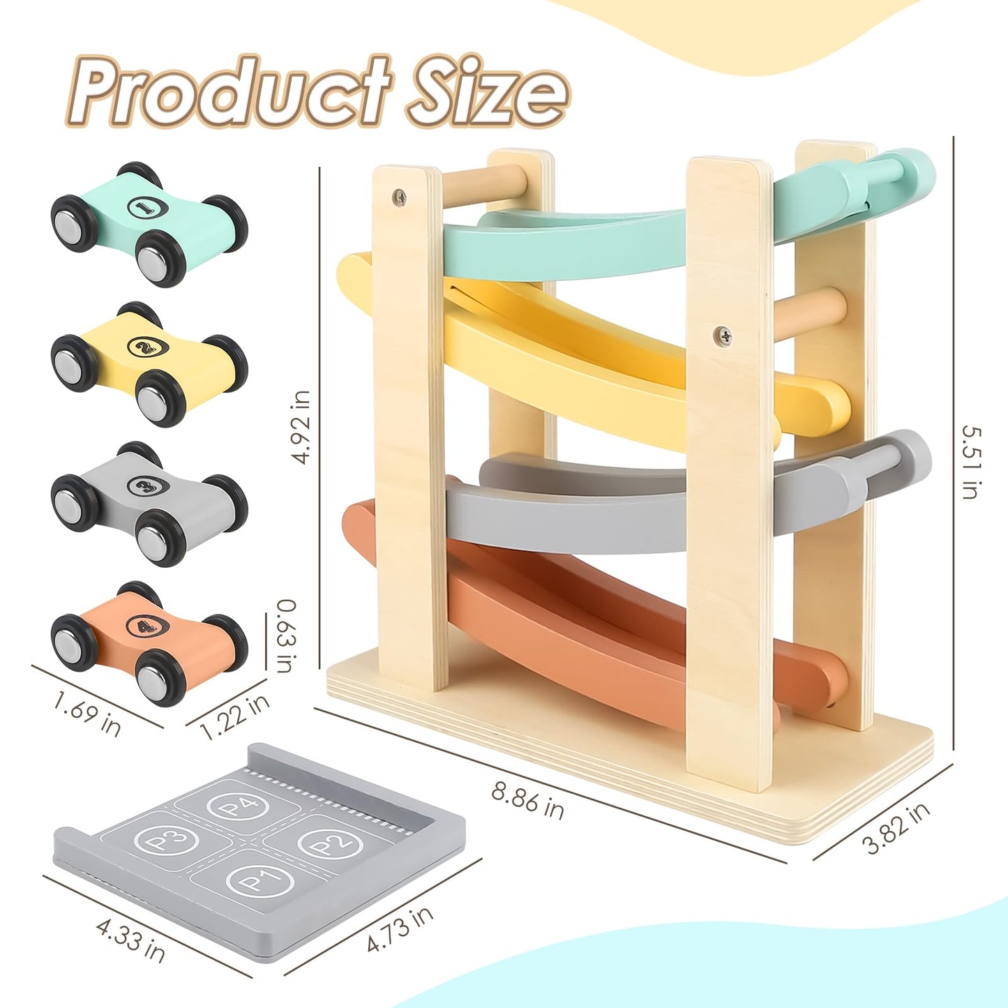Joyreal Montessori Toddler Toys for 1 2 Year Old - 4 Level All-Wooden Car Ramp Racer Toys with 4 Mini Cars & Garages - Christmas Birthday Gifts for 1-3 Year Old Boys and Girls