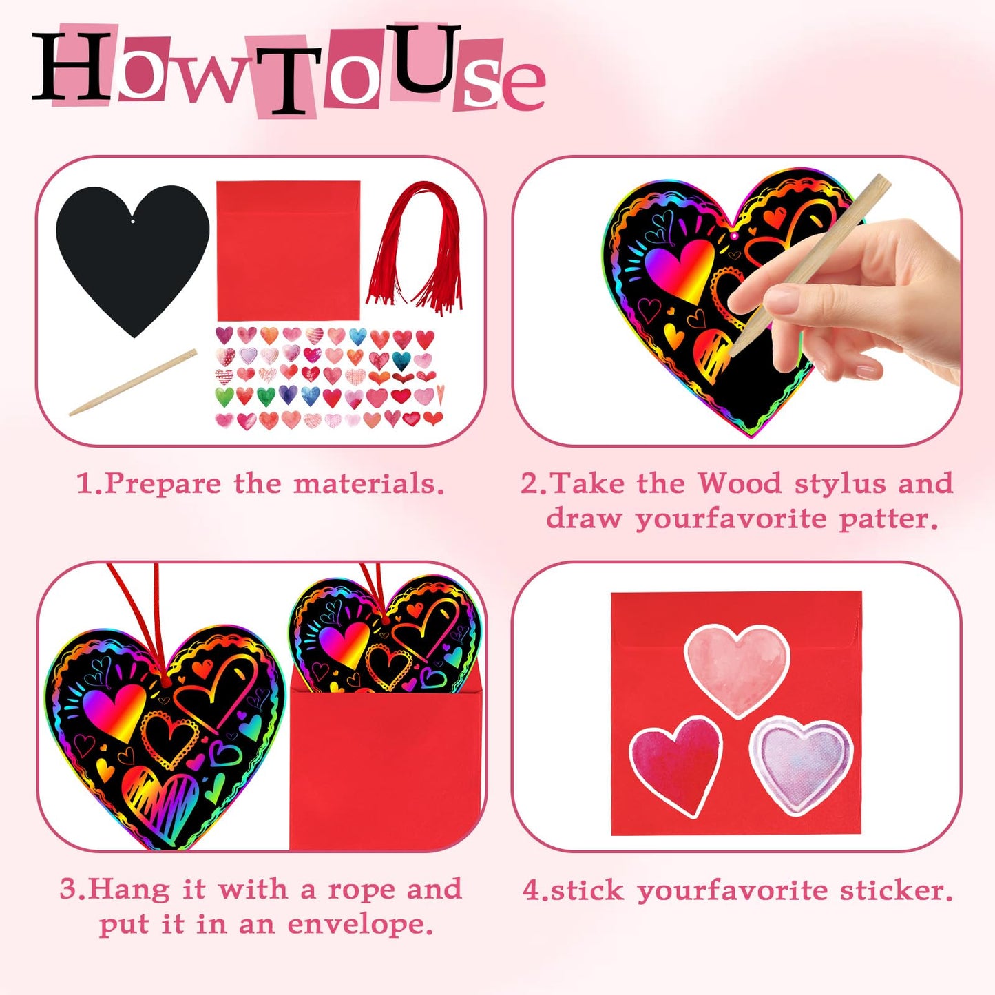 JMUQ 44Pack Valentine's Day Scratch Art Set, Heart-Shaped Rainbow Scratch Cards, Envelopes, Heart Stickers, Perfect Craft Kit for Classroom School Exchange Prizes Party Favors Creative Gifts