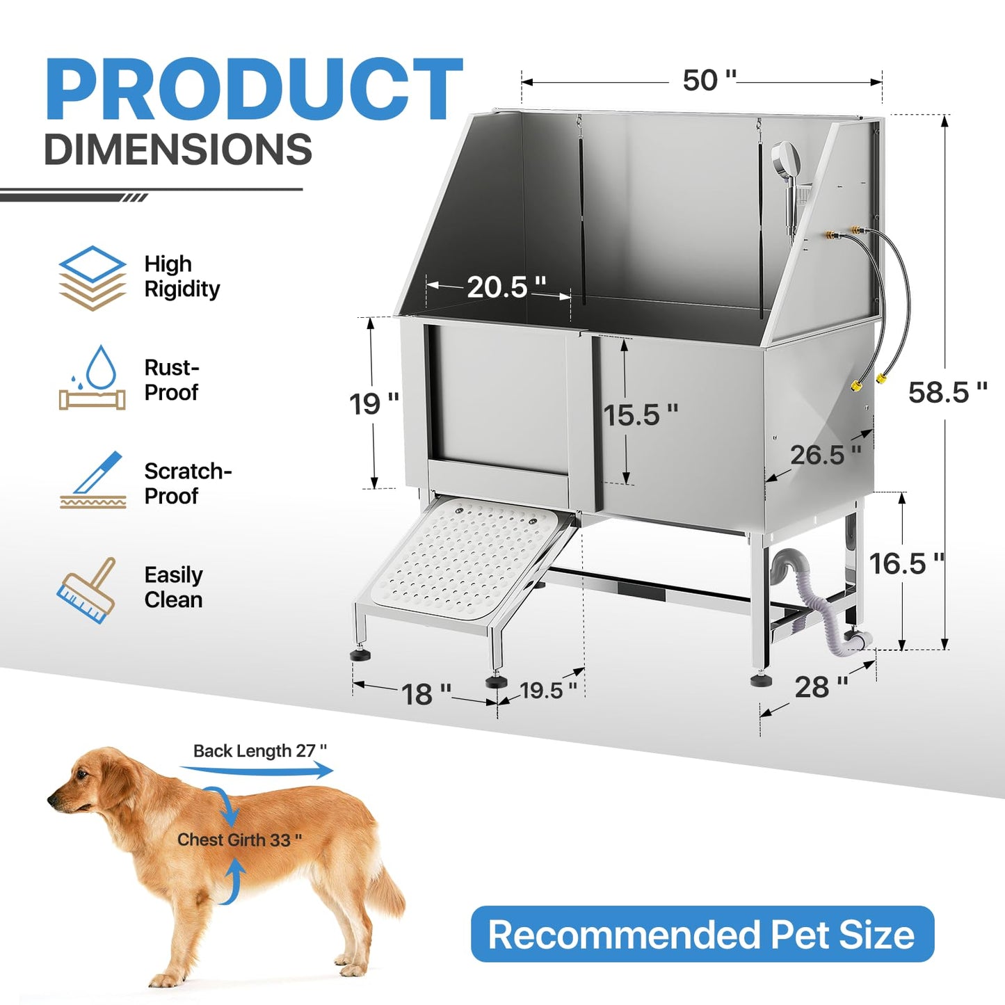 MoNiBloom 50" Dog Bath Tubs for Large Dogs, Professional Stainless Steel Pet Grooming Tub w/Complete Accessories & Ramp, Dog Washing Station for Domestic and Professional Use, 250 lbs Capacity