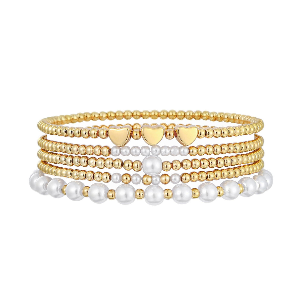 Sajidos Gold Plated Beaded Bracelets for Women Trendy, 14K Gold Plated Stack Cross Pearl Gold Plated Bead Stretch Bracelets Set Elastic Hypoallergenic Bracelets Jewelry Gifts (style11-heart)