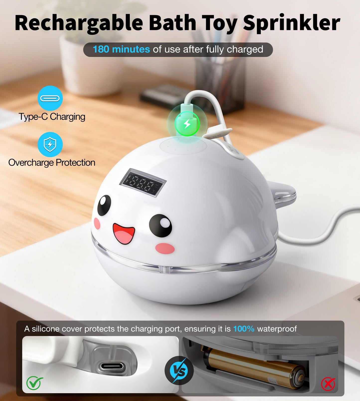 Pircaath Baby Bath Toy Sprinkler with Thermometer, Temp Alarm & Backlit Display, BPA-Free | CPC Certified for Safety, Light Up Whale Bath Toy for Kids Ages 1-3, Bathtub Water Toys for Toddler, Newborn