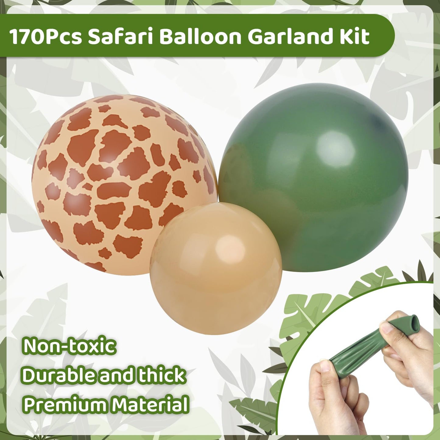 170Pcs Jungle Safari Balloons Garland Kit, Safari Baby Shower Decorations Sage Green Brown & Animal Print Balloons Palm Leaves for Woodland Themed Giraffe Wedding Two Wild One Birthday Party Supplies