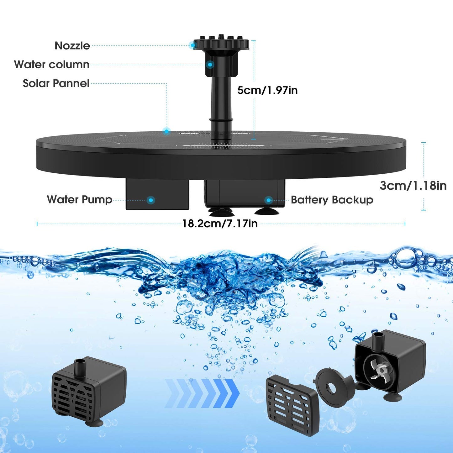 AISITIN 3.5W Solar Fountain Pump Built-in 1500mAh Battery, Bird Bath Fountain with 6 Nozzles, Solar Floating Water Pump for Bird Bath, Fish Tank, Pond, Pool, Garden and Outdoor