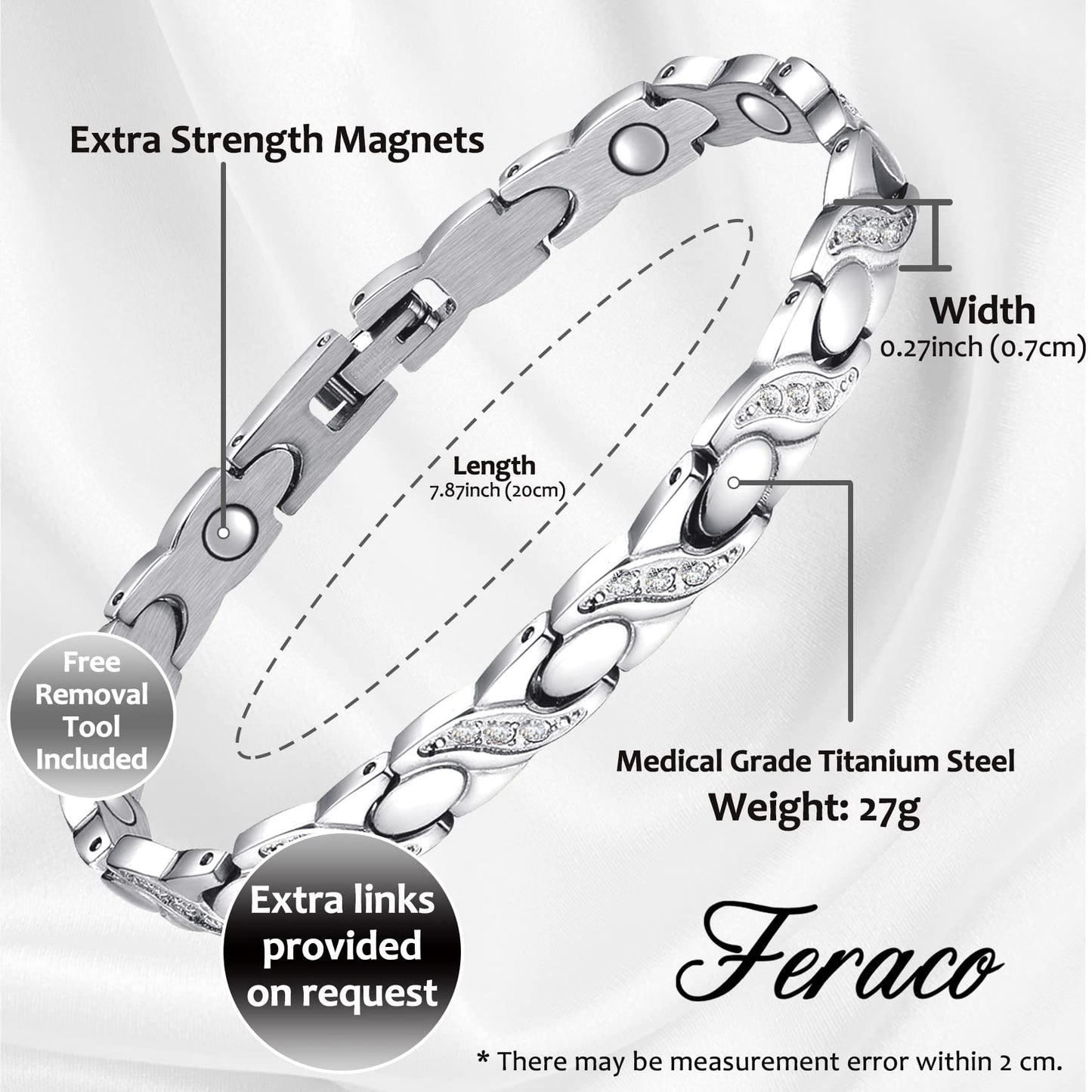 Feraco Magnetic Bracelets for Women Titanium Steel Bracelet with Ultra Strength Magnets & Sparkling Crystals Gifts for Women (Silver)
