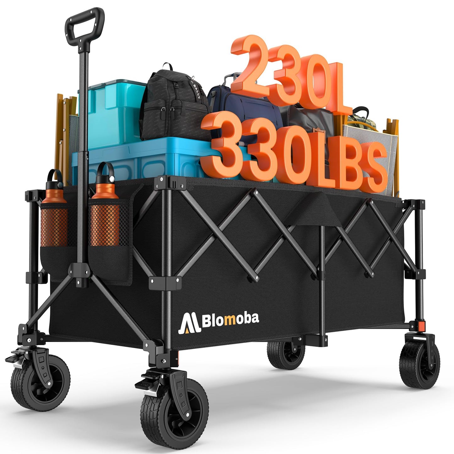Blomoba Collapsible Wagon Cart, 330LBS Heavy Duty Folding Cart with Wheels 360° Rotation, Built-in Brakes, Flexible Handle, Portable Utility Wagon for Grocery Sports Garden Shopping Camping