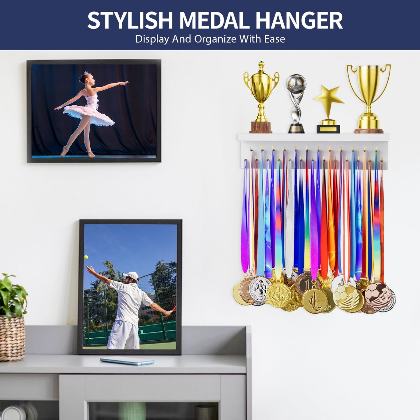 DSVENROLY Medal Holder Display Trophy Shelf Organizer, Sturdy Wooden Race Award Hanger Rack with 25 Steel Hooks, Wall Mount Storage Stand for Sports Fans, Cheer Success, White with Golden Pegs