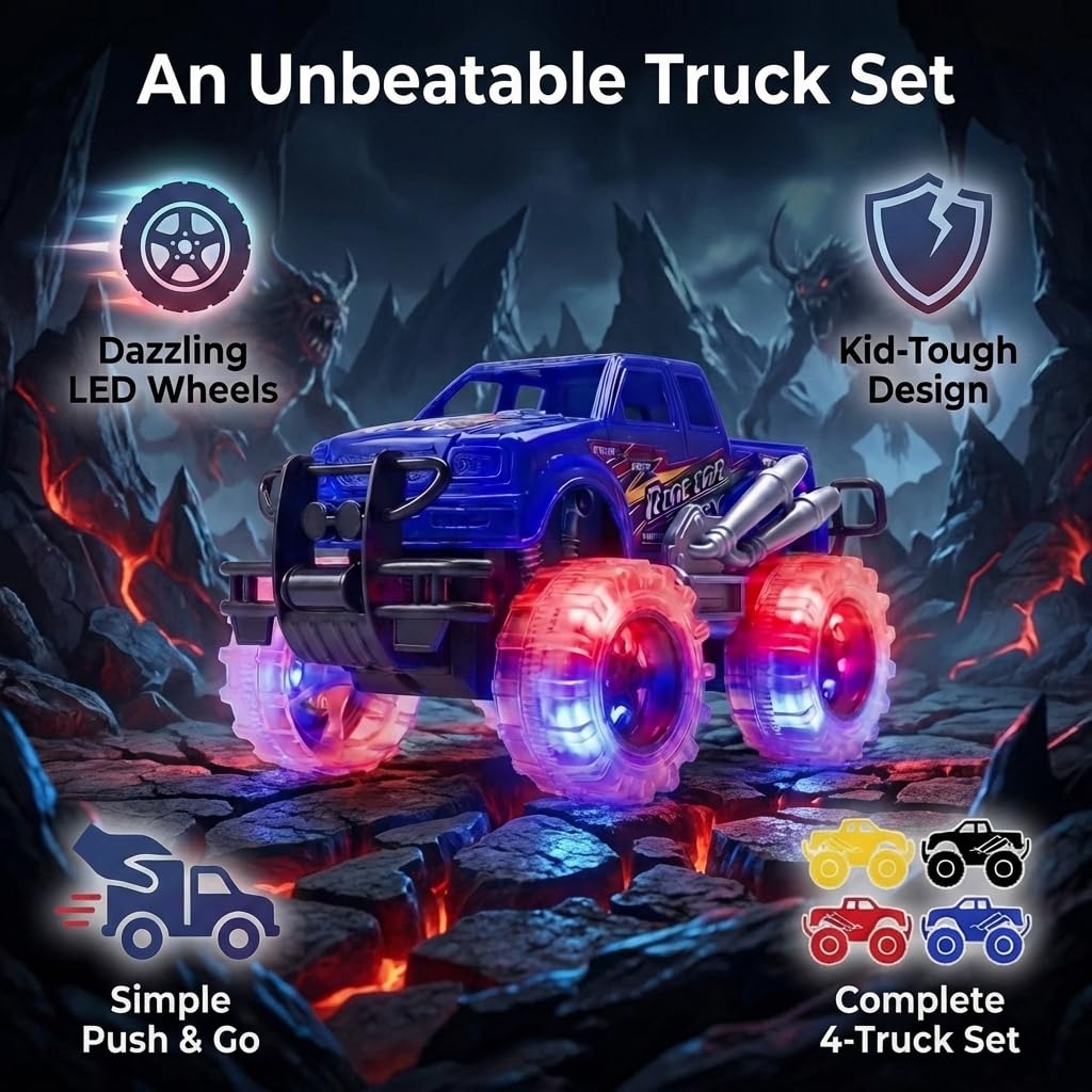 ArtCreativity Light Up Monster Trucks for Boys and Girls, 4-Pack Toy Truck Set, Monster Trucks for Boys 3 4 5 6 7 8 Years Old, Toddler Monster Truck Toys, Light Up Trucks