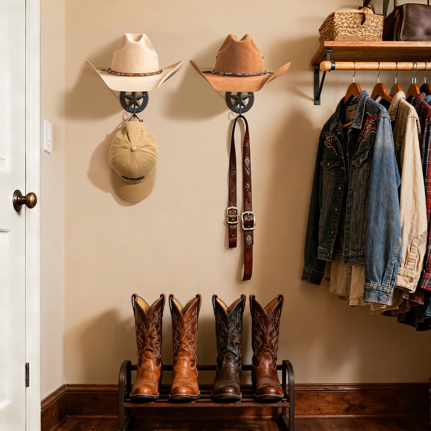 HYDERMUS Cowboy Hat Holder for Wall 2 Pack Metal Iron Cowboy Hat Rack Western Hat Hanger Horseshoe Hooks Storage Cowboy Hat Organizer Display Closet Living Room Western Gifts Wall Decor Black