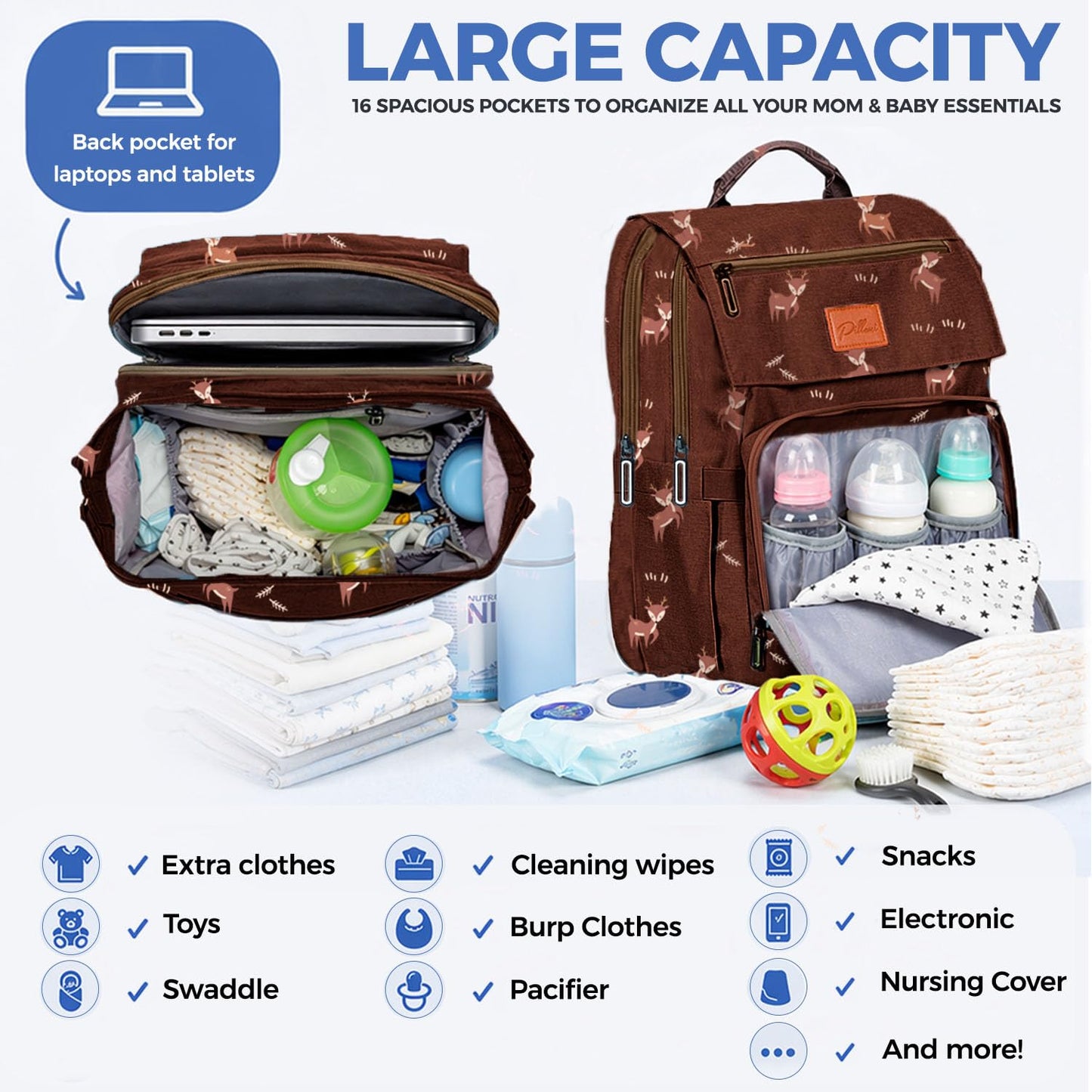 PILLANI Baby Diaper Bag Backpack - Large Bag for Boys & Girls, Waterproof Diaper Backpack - Travel Diaper Bags w/Changing Pad, Baby Registry Search & Shower Gifts - Essentials Must Haves Newborn Stuff