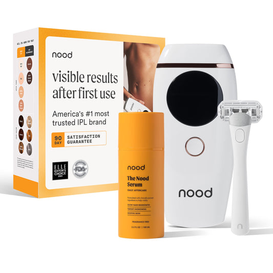 NEW Nood™ Flasher 2.0 + Serum + Shaving Starter Kit — IPL Laser Hair Removal Device for Women & Men with Refillable 5-Blade Razors & After Shave to Prevent Ingrowns & Slow Hair Regrowth — Gloss White