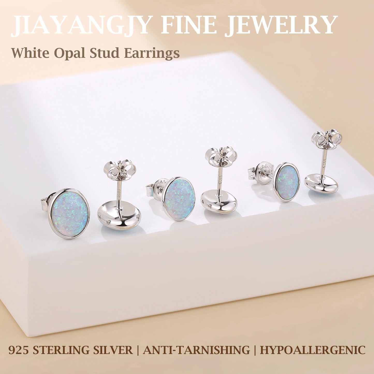 JiayangJY White Fire Opal Stud Earrings for Women 18K White Gold Plated Sterling Silver Oval Shape 5mm Opal Earrings with Push Back