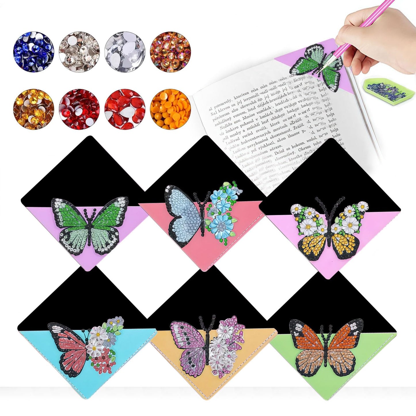 DDGYP 6 PCS Diamond Art Bookmarks, 3.94X3.94 Inch PU Leather DIY Corner Bookmarks with Butterfly & Flower Patterns, Diamond Painting Kits for Adults Book Lovers Home Reading Craft Gift