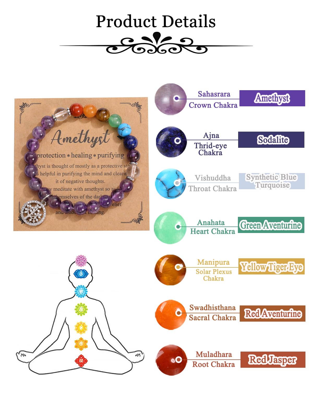 MANIFO Amethyst Chakra Crystals Bracelet for Women Healing Crystal Bracelet Natural Gemstone Beaded Bracelets with Life Tree Charm Jewellery Valentines Christmas Gifts