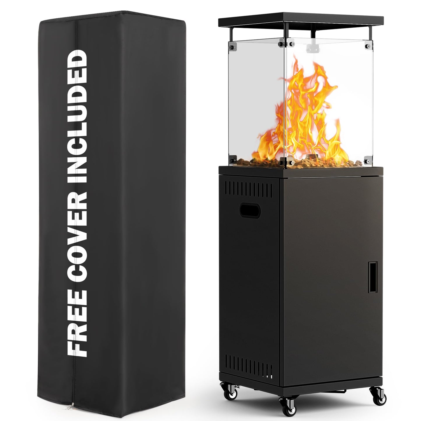 PATIOPIA 41,000 BTU Patio Heater,Propane Outdoor Heater With Cover,CSA Certificated, Lockable Wheels,Tempered Glass, Patio,Backyard,Balcony,Poolside, Inky