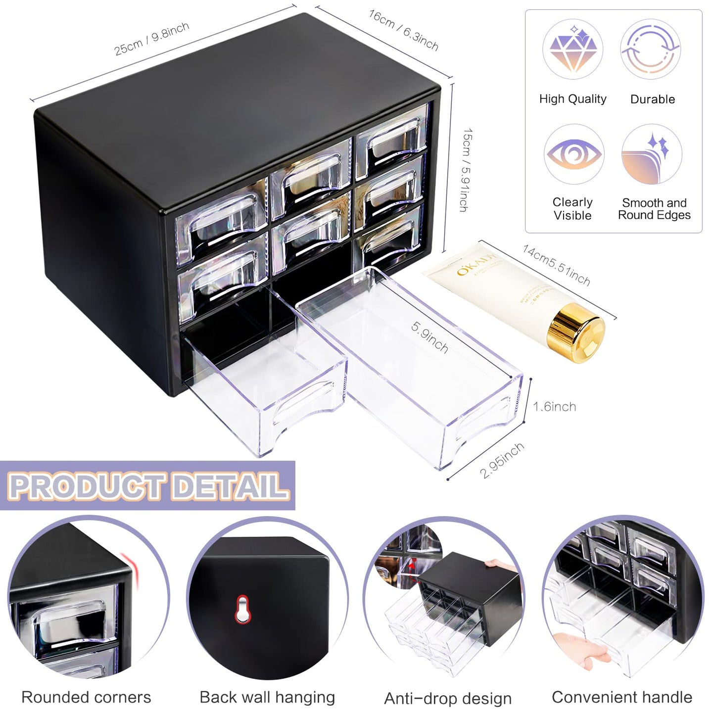 Desk Storage Organizer with 9 Drawers, FODIENS Stackable Desktop Craft Drawer Cabinet, Clear Storage Box Caddy for Makeup Jewelry Office Craft Supplies (9.84×6.3×5.9in) (Black)