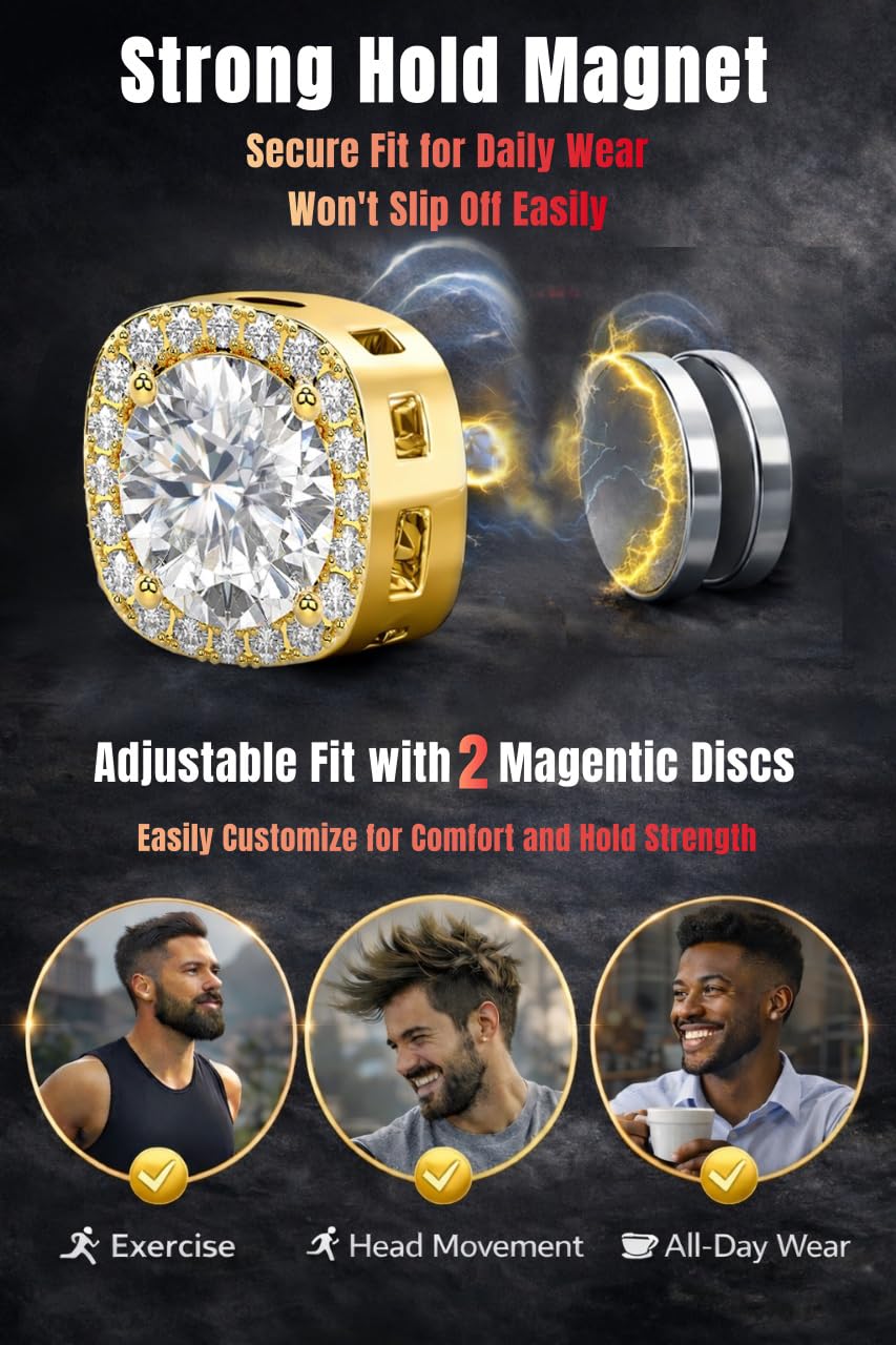 2 Pairs Magnetic Earrings for Men Clip On Fake Earrings Non Pierced, Stainless Steel Magnet Nose Stud Piercings for Women, 6MM, Gold Color