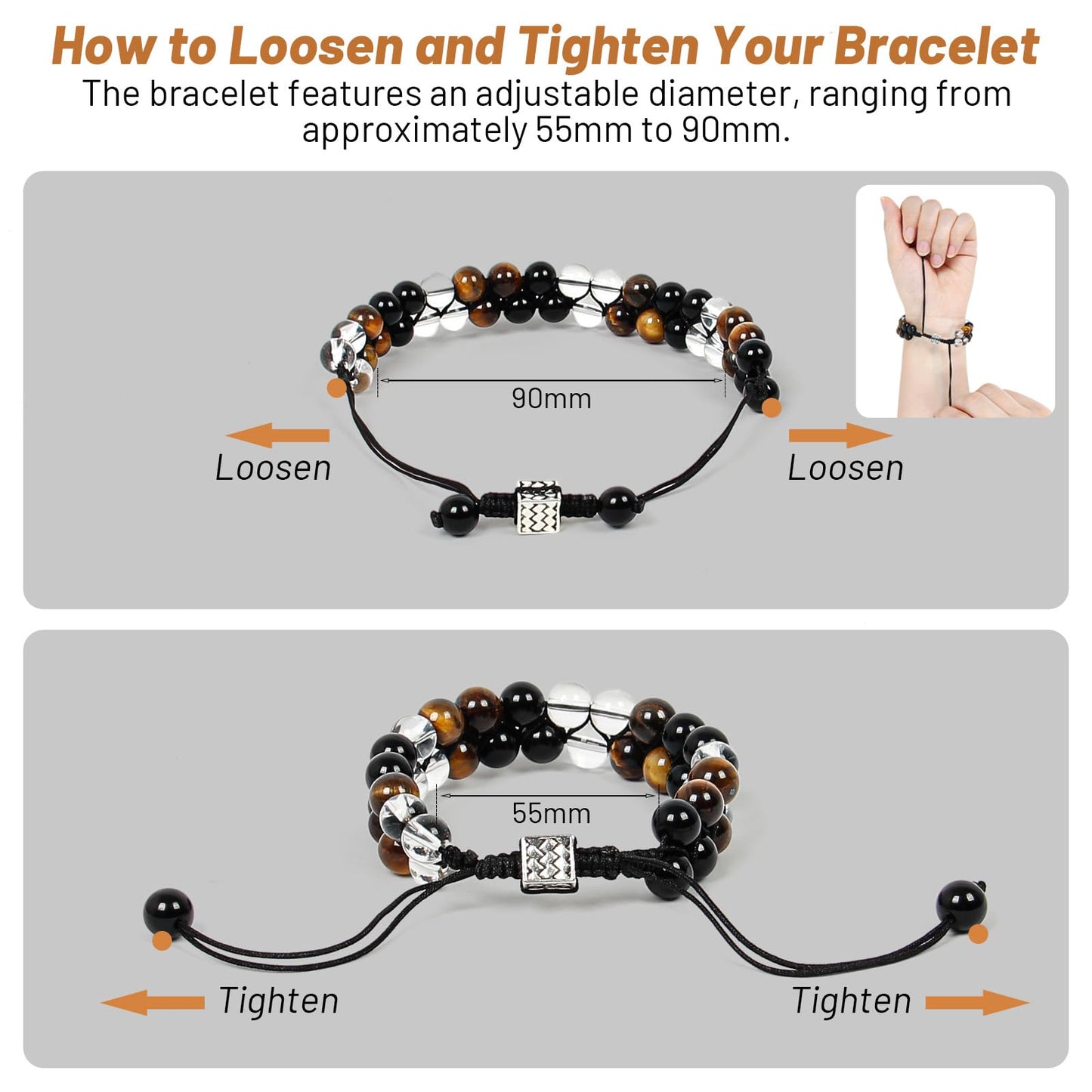 Orientrea Triple Protection Bracelet- Yellow Tiger's Eye, Black Obsidian & Clear Quartz, 8mm Handmade Healing Crystal Bead Bracelets for Luck, Prosperity, Protection & Balance, Gift for Men & Women