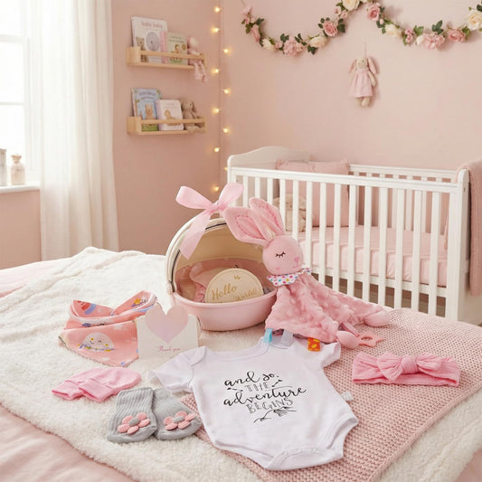 Baby Girl Gift Set - 12 Pcs Newborn Essentials with Bunny Lovey, 100% Cotton Onesie, Milestone Sign & Photo Frame - Unique Carriage Storage Box, Ready-to-Gift Baby Shower Gifts for Newborn Girls