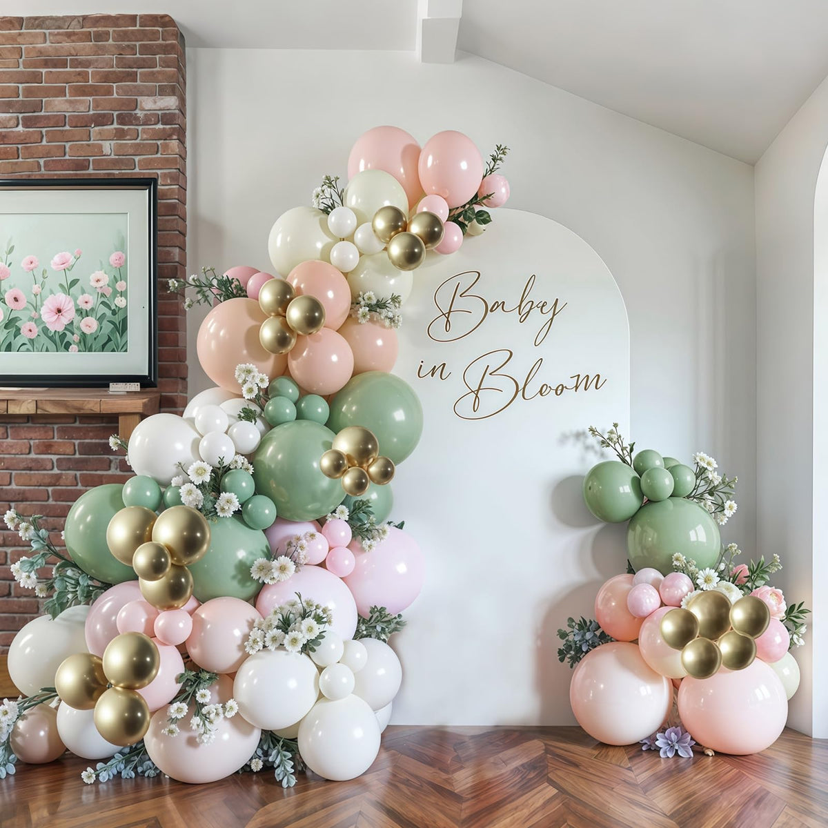 Baby in Bloom Balloon Arch Kit, 134Pcs Dusty Sage Green and Pastel Pale Pink Cream White Beige Light Gold Floral Balloon Garland for Girls Boho Baby Shower Flower Birthday Garden Tea Party Decorations