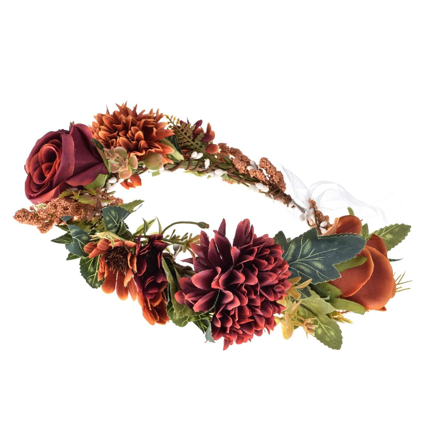 June Bloomy Women Floral Crown Wreath Flower Girls Headband Bridal BOHO Hair Garland Halo (Rose Burgundy)