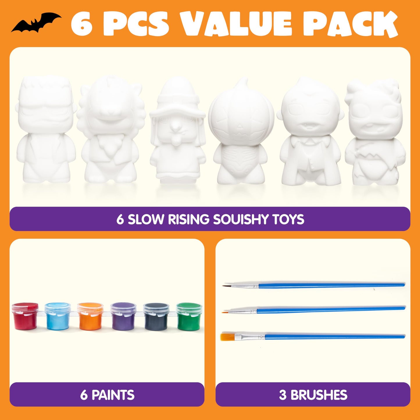 JOYIN Halloween Squishy Toys Coloring Craft Kit with 6 Different Characters, 6 Colors Paints, and 3 Paintbrushes, Art Craft Painting Kit DIY Set Halloween Party Games for Kids Activities Party Favors