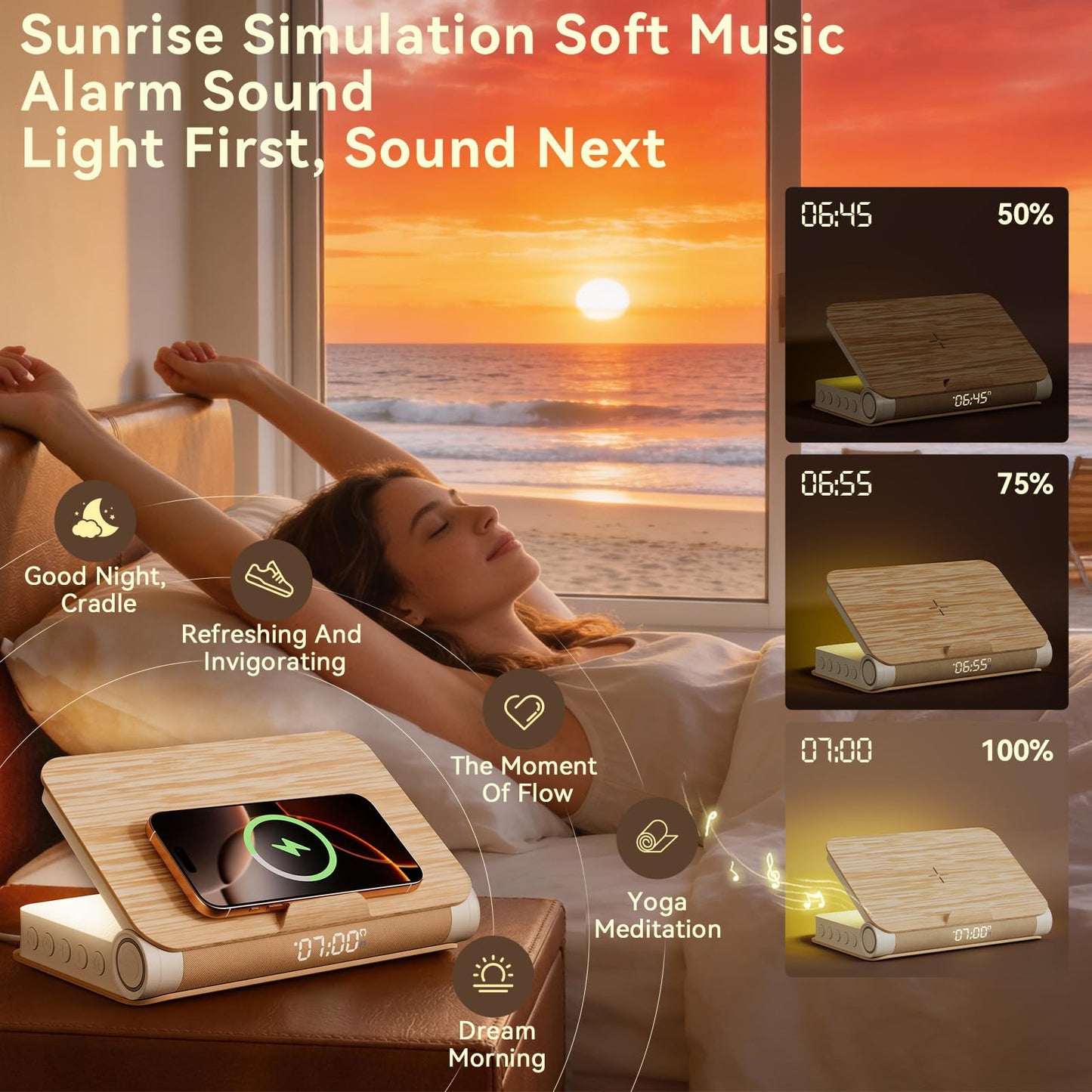 Vivilumens Alarm Clocks Wireless Charger Bluetooth Speaker Loud Sunrise Bedside Lamp for Heavy Sleepers Adults with Book Shape Wake Up Light for Bedroom Home Decor （Wooden Grain）