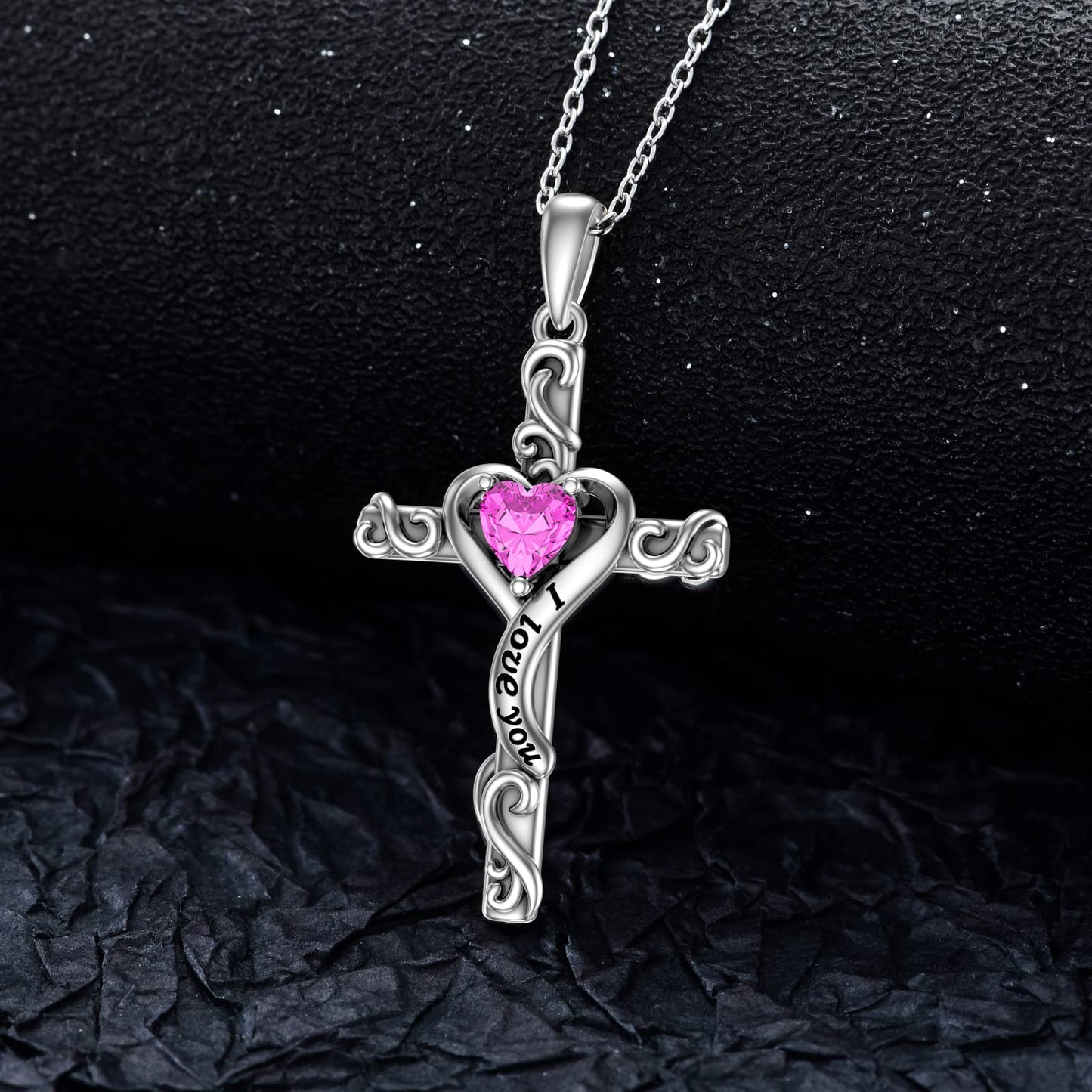 TOUPOP Pink Tourmaline Cross Necklace for Women Valentines Day Gifts Sterling Silver October Birthstone Cross Pendant Necklace Heart Love Jewelry for Her Girlfriend Wife Mom Birthday Christmas Gifts