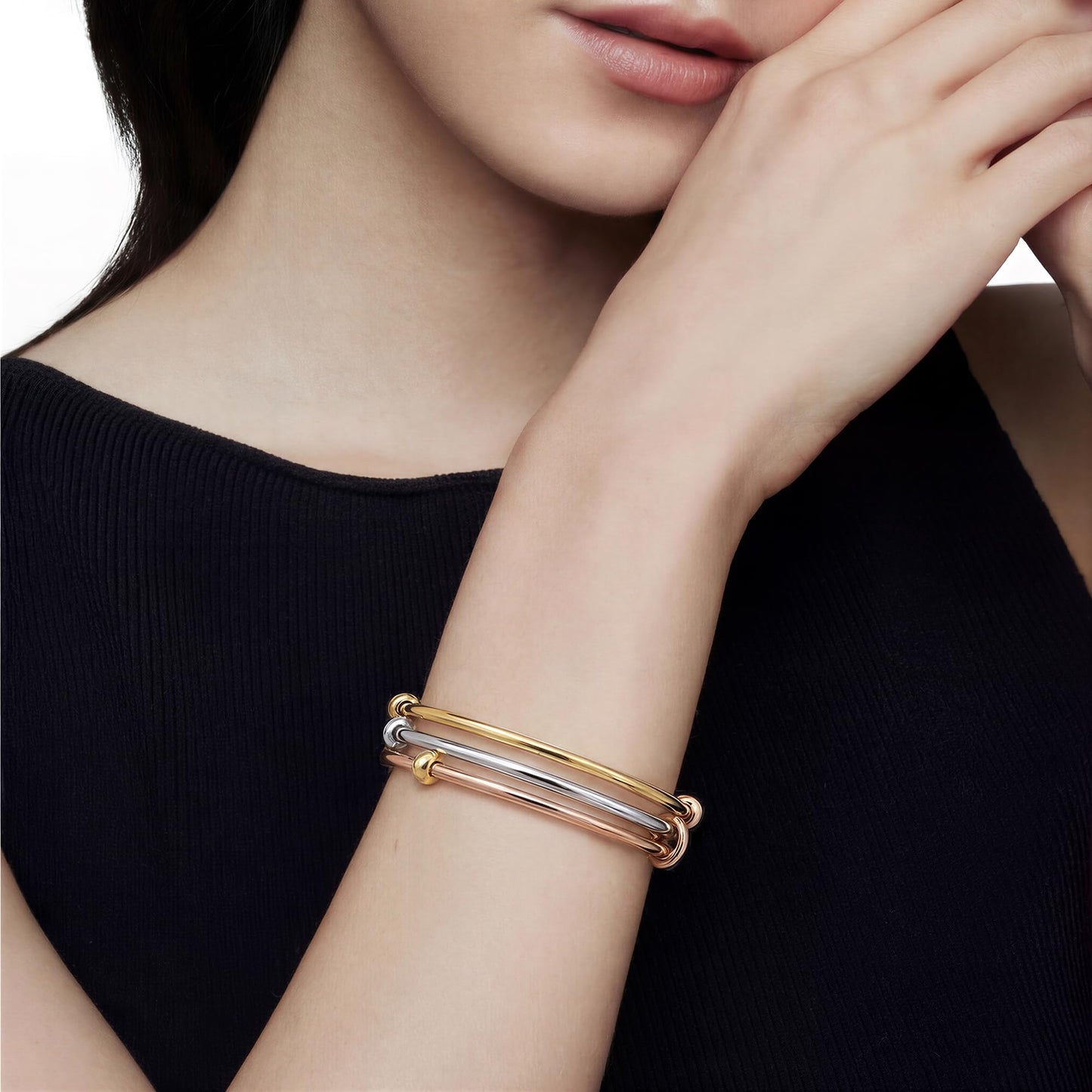 Musishiyu Gold Bracelets for Women Stacking Bangle - 18K Mixed Metal Tri-Color Rolling Interlocking Bands, Cubic Zirconia Fidget Anxiety Jewelry, Perfect Gifts for Mom Wife Grandma