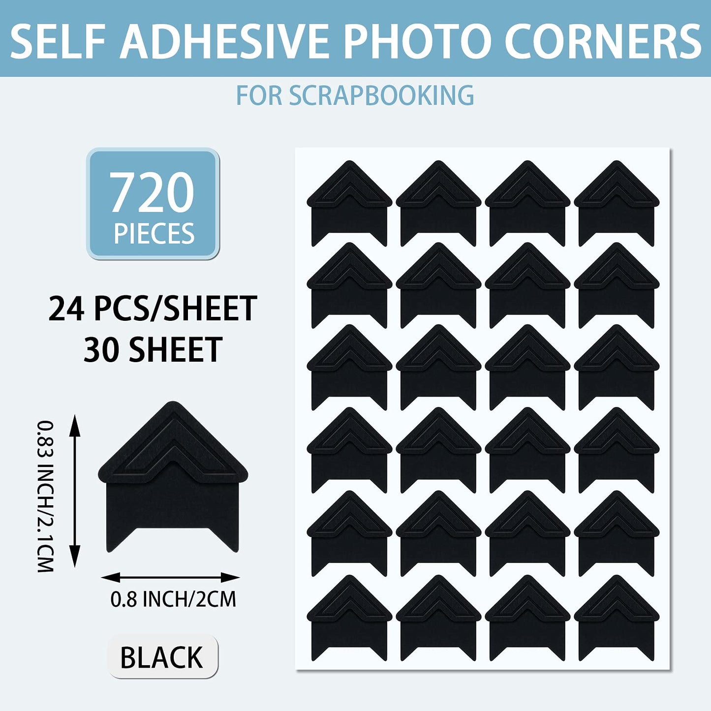 Pajean 720 Pieces Photo Corners Self Adhesive Photo Corners for Scrapbooking and Stamping Supplies DIY Scrapbook Stickers Album Diary Personal Journal Diary Organizer(Black)