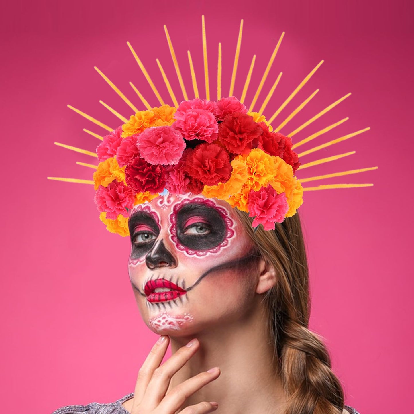 HFYZZ 290 Pcs Day of the Dead Floral Headpiece DIY Mexican Flower Halo Crown Headband for Women Halloween Cosplay Hair Accessories