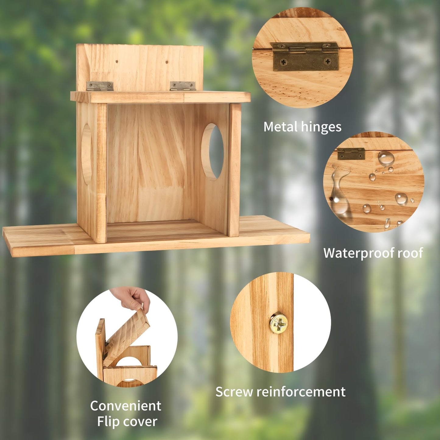 Wood Squirrel Feeder, Squirrel Feeders for Outside Winter, Wooden Chipmunk Feeder Waterproof for Corn, Peanuts, Durable Box Easy to Fill with Removable Front Panel