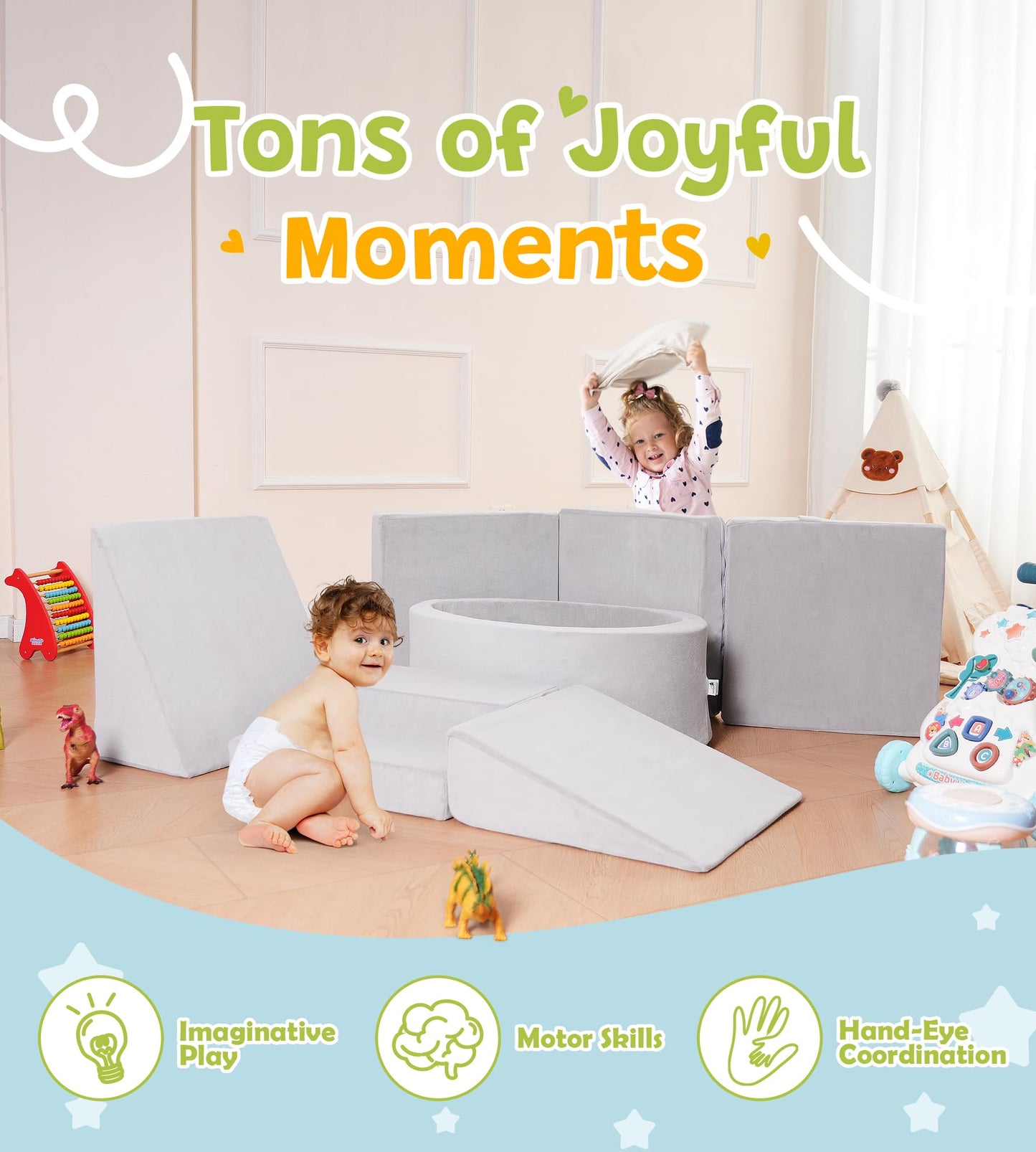 Elftopia Foam Climbing Blocks with Ball Pit & Stairs for Toddlers Aged 1-3 -Soft Playset for Indoor Crawling, Foam Playground Set for Baby to Active Playing Inside -(Balls NOT Included),Grey