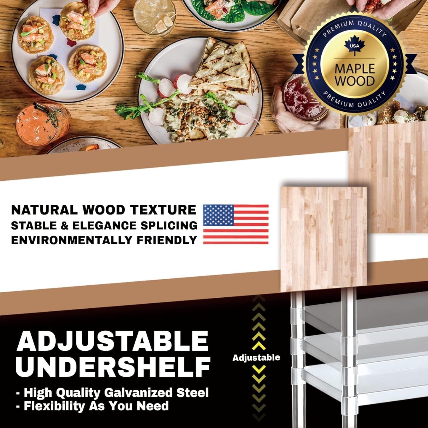 DuraSteel Butcher Block Counter Top - 24 x 36 x 34" Height with 4 Caster Wheels (2 Adjustable) - Kitchen, Side, Coffee, or Dining Table - Optional Base Leg Units, Natural Maple Slab Work Bench Top