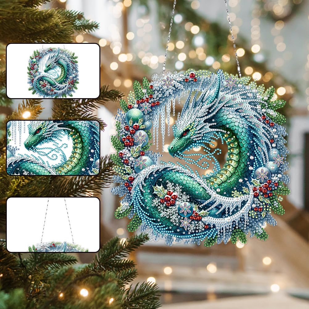 5D Diamond Art Painting Kits Hanging Pendant Dragon Wreath, DIY Crystal Art Hanging Sign Special Shaped Gem Art Ornament Kit for Home Décor and Gift, Double Sided, Box Package