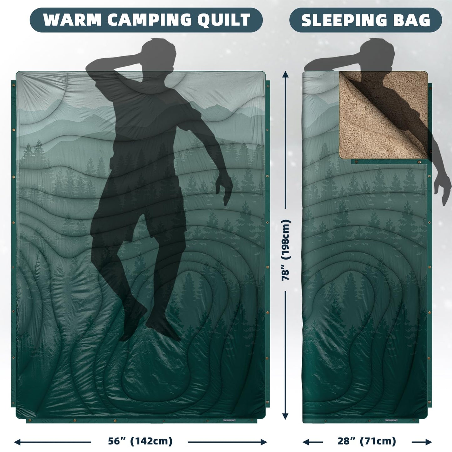 KawaGebo Kamp Outdoor Camping Blanket with Sherpa Lining, Extra Warm Thick Camp Blankets and Puffy Ultralight Soft Poncho DWR Camping Quilt for Cold Weather, Adventure, Sleeping, Backpacking 78"x 56"