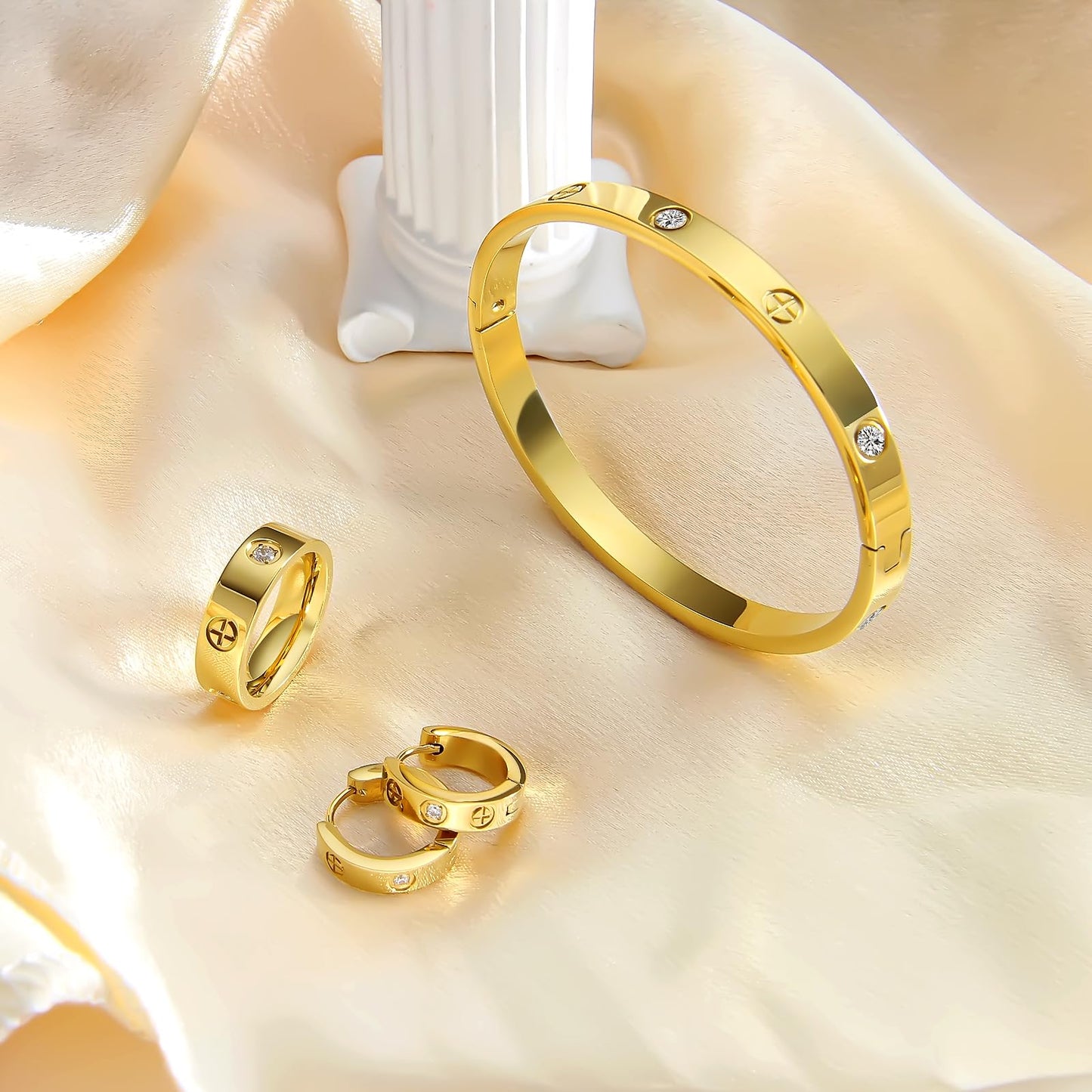 3 Pcs Hoop Earrings Bracelets Ring Sets for Women-18K Gold Plated Love Bracelet Cubic Zirconia Cuff Bangle Hoop Earrings Friendship Love Ring Jewelry Set,Wedding Party Christmas Valentine's Day Birthday Gifts for Her Girlfriend Sister Daughter