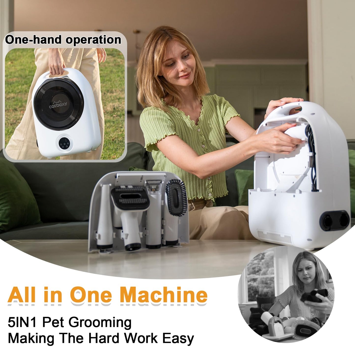Catboxy Dog Grooming Vacuum Kit,Cat Dog Hair Dryer Groomer,Pro Pet Hair Remover with Brush,Detangle,Deshed,Clean,Dry Attachments,Negative Ion Constant Temperature Fast Drying,10000Pa Pet Vacuum-White
