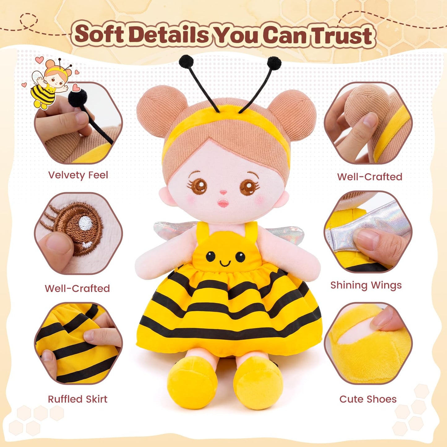 OUOZZZ 12.6" Soft Baby Doll - Toys for 1 Year Old Girl Ideal Birthday Baby Girl Gift, Snuggle Buddy for Infants Yellow Bee Dress