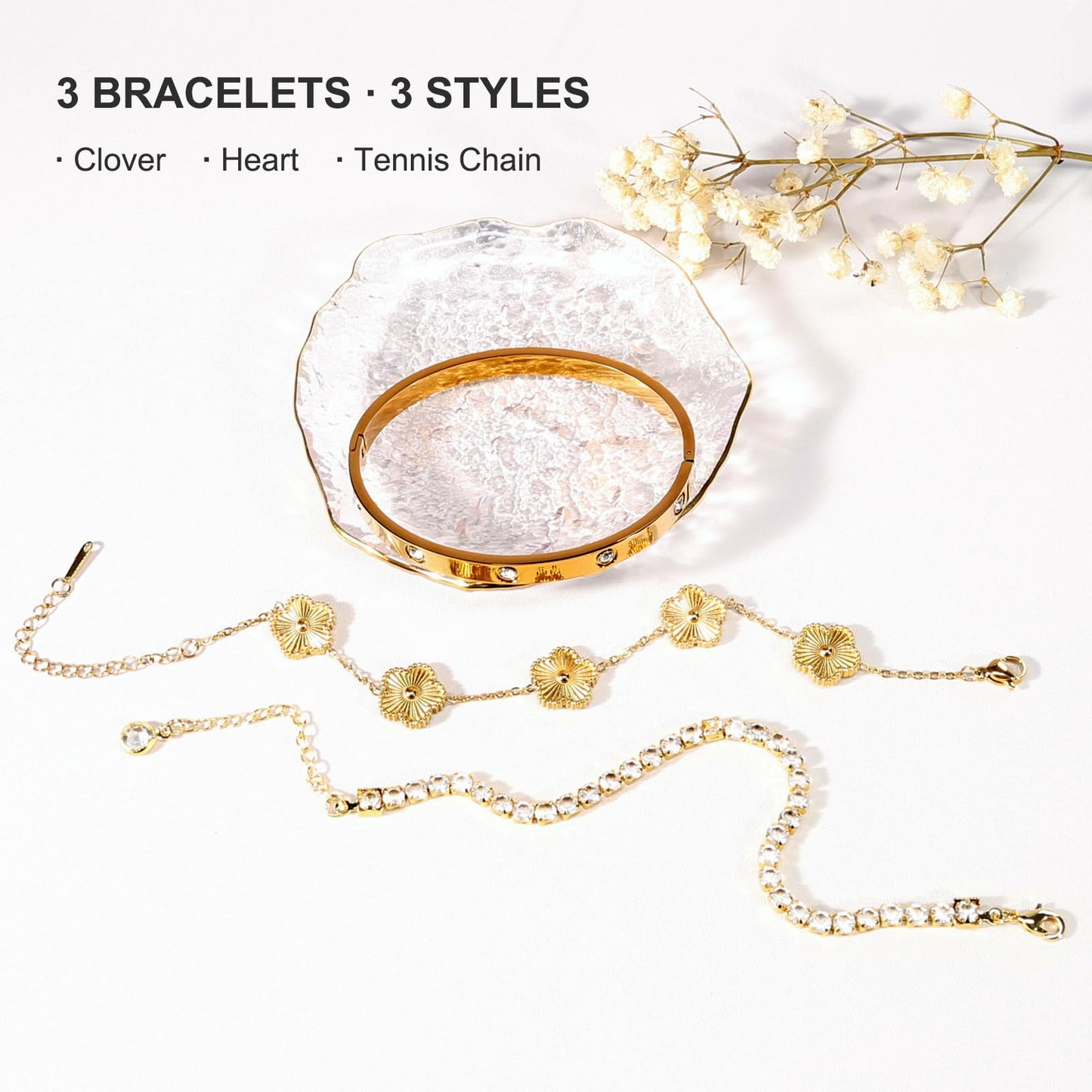 YOUNGGRACE 18K Gold Plated Bracelet Sets for Women - 3PCS Stackable Bracelets Including Bangle, Tennis Chain & Four Leaf Clover Bracelet, Elegant Gold Jewelry Set for Everyday Wear, Gift for Her