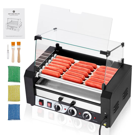 ACONEE Hot Dog Roller, 7 Rollers 18 Hot Dogs Capacity 1350W Stainless Sausage Grill Cooker Machine with Removable Oil Drip Tray Dual Temp Control and Glass Hood Cover, Perfect for Commercial and Party