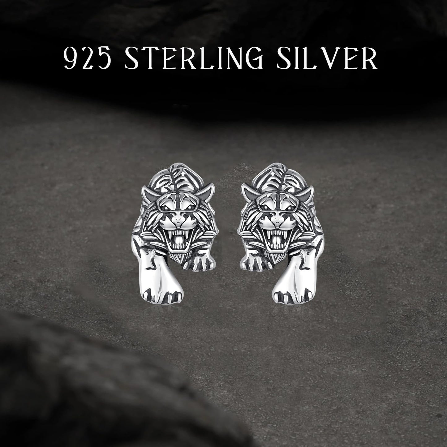 YueYuan Tiger Earrings for Men 925 Sterling Silver Tiger Head Stud Earrings Animal Viking Jewelry Gift for Birthday Graduation Christmas