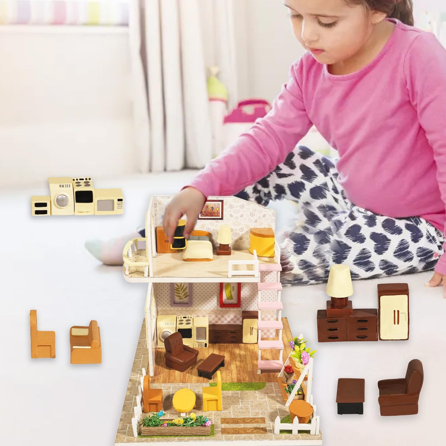 Hiawbon 31PCS Miniature Furniture Set, 1：48 Scale Resin Miniature Accessories and Furniture, Kitchen Bathroom and Living Room Set, Miniature Furniture Kit for Fairy Garden Home Decor