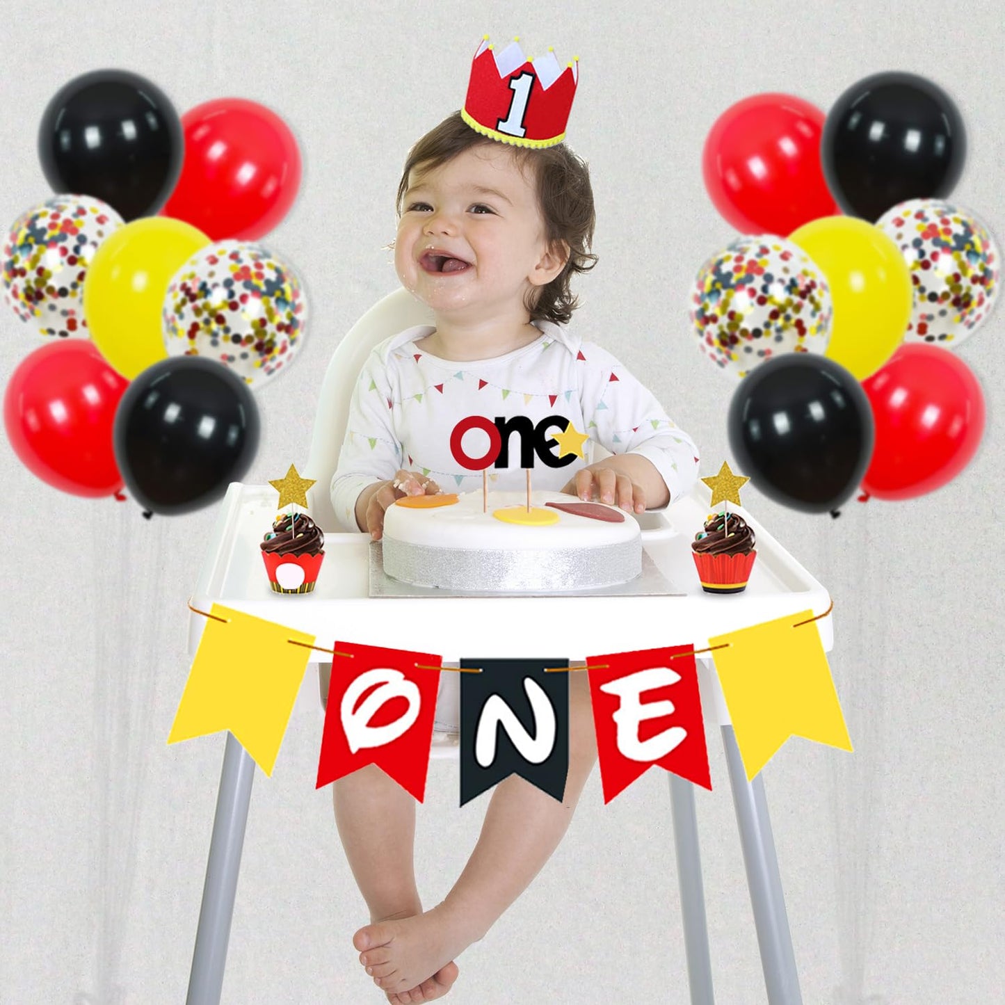 1st Red Black Yellow Birthday Party Supplies Decorations 58Pcs Happy Birthday ONE Banner Tablecloth 1 Foil Balloon Hat Door Sign Cupcake Topper Video Game Party Decorations for Boys Girls Kids Babies
